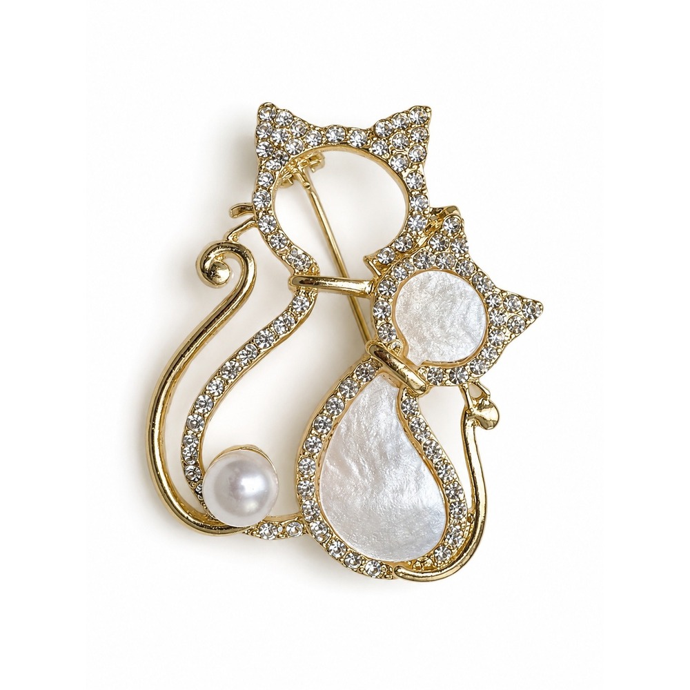 New Gold Tone‎ Cat Brooch Rhinestone Faux Pearl White Enamel Cute Kitty Pin Gift